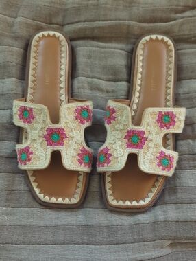Madden Girl Beige Crochet Slide Sandals with Pink & Green Accents